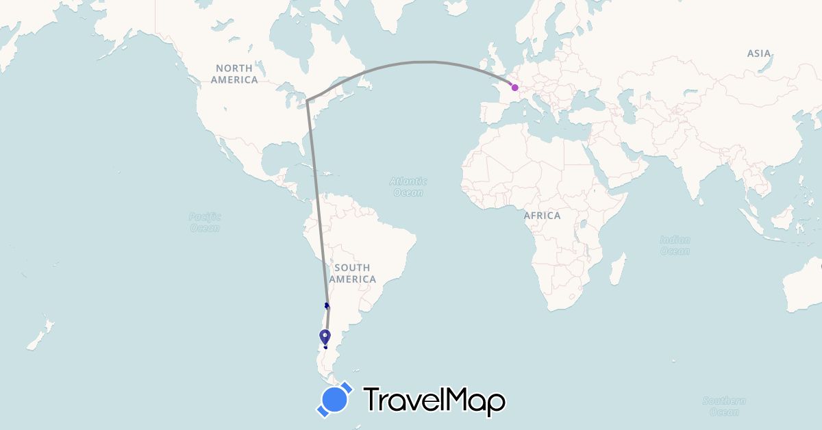 TravelMap itinerary: driving, plane, train in Canada, Chile, France (Europe, North America, South America)